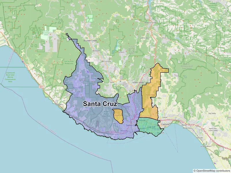 Map of Santa Cruz, California and ZIP codes