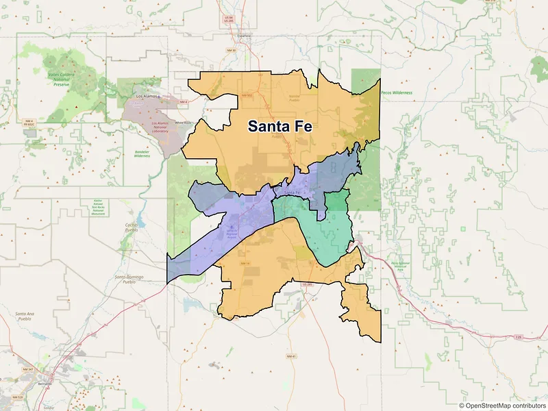 Map of Santa Fe, New Mexico and ZIP codes