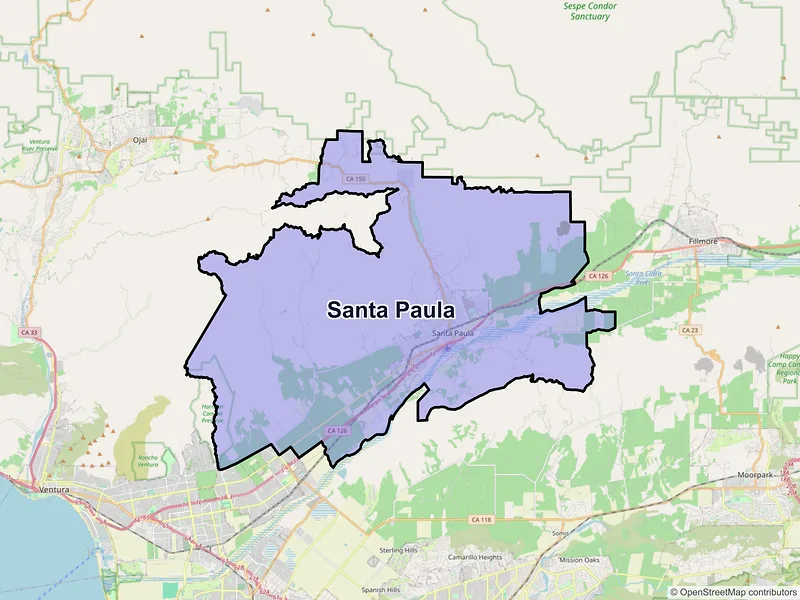 Map of Santa Paula, California and ZIP codes
