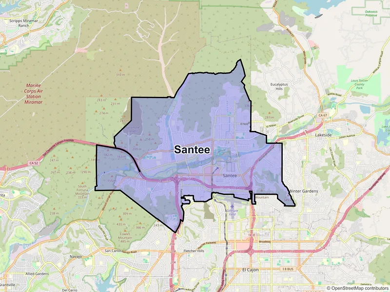 Map of Santee, California and ZIP codes