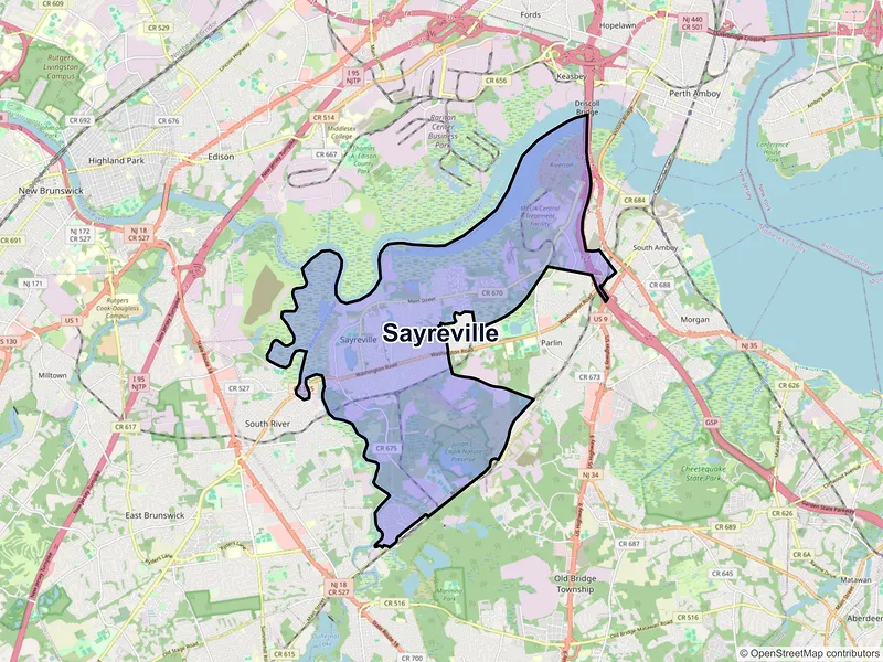 Map of Sayreville, New Jersey and ZIP codes
