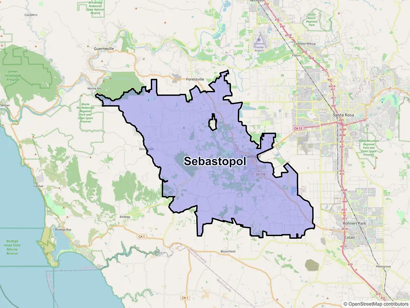 Map of Sebastopol, California and ZIP codes