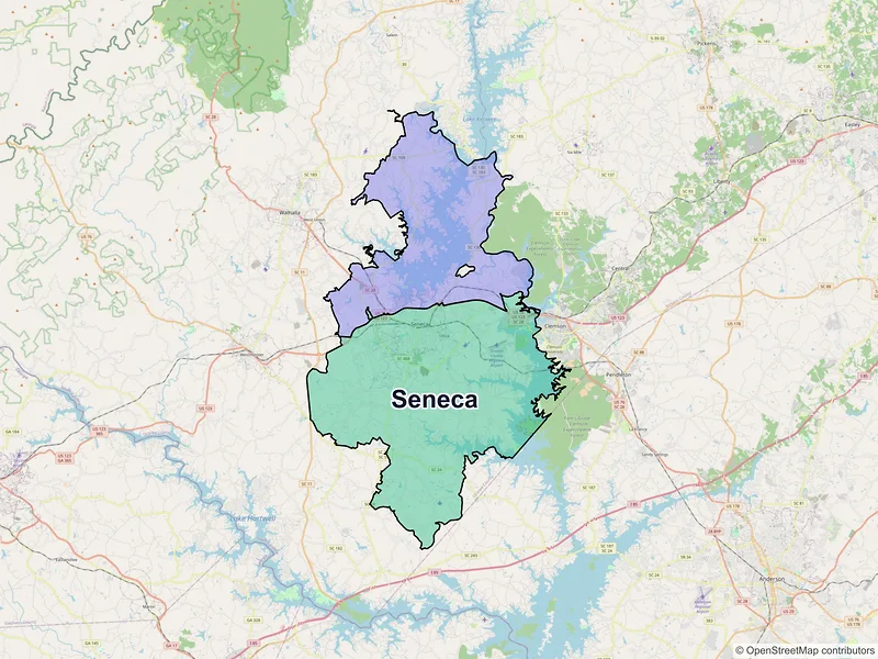 Map of Seneca, South Carolina and ZIP codes