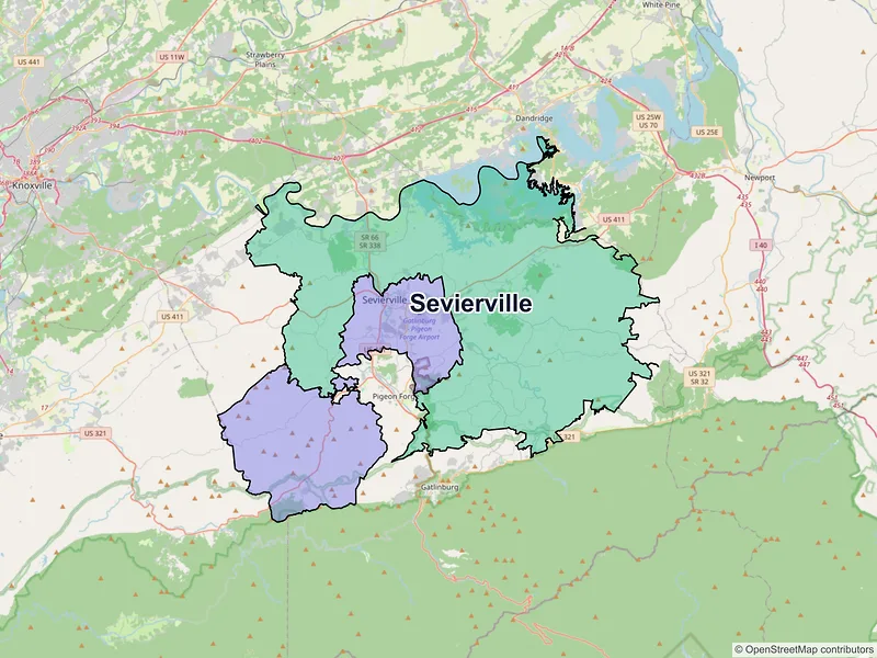 Map of Sevierville, Tennessee and ZIP codes
