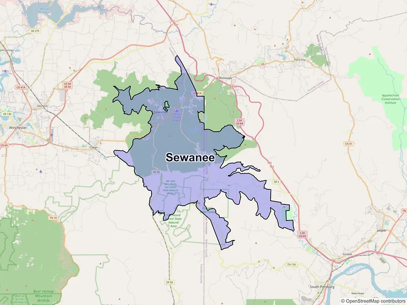 Map of Sewanee, Tennessee and ZIP codes