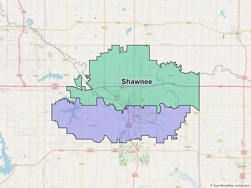 Map of Shawnee, Oklahoma and ZIP codes