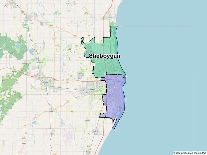 Map of Sheboygan, Wisconsin and ZIP codes