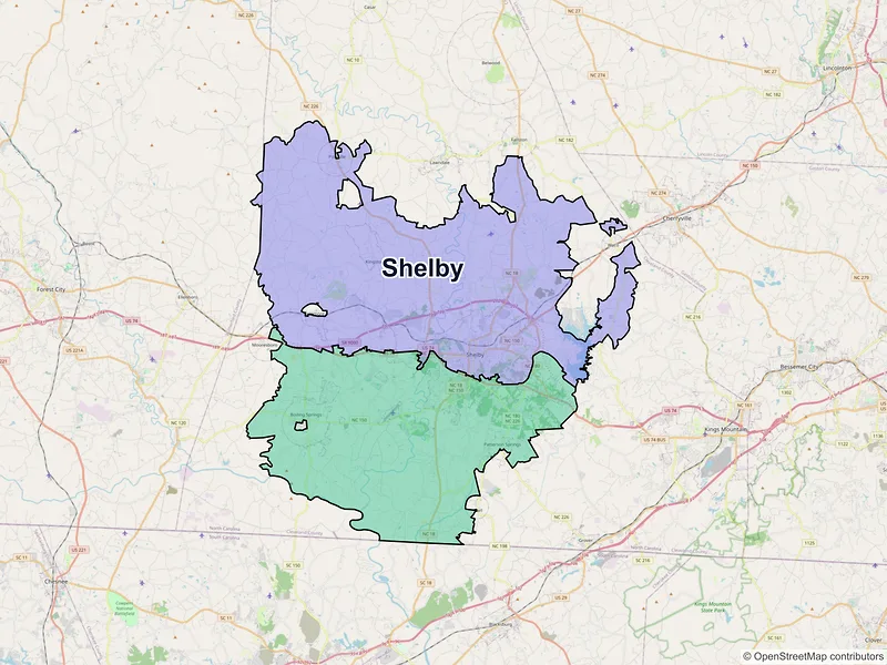 Map of Shelby, North Carolina and ZIP codes