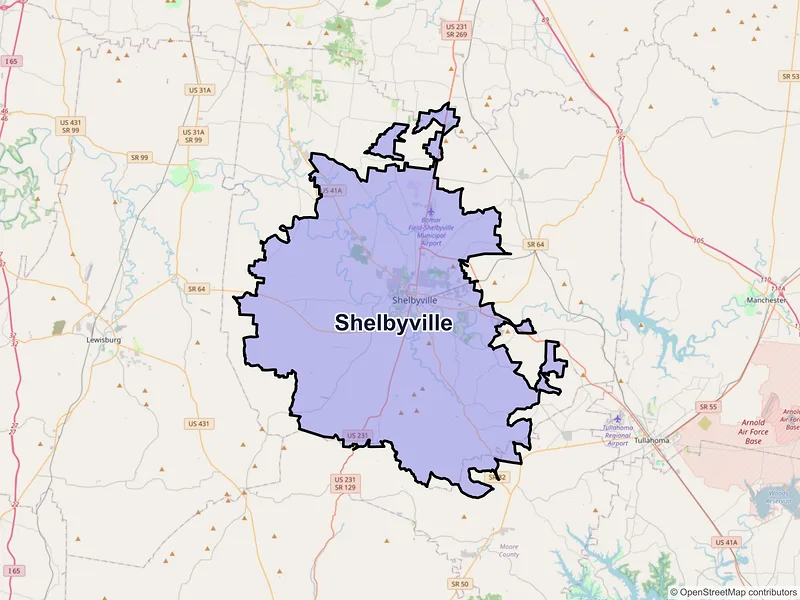 Map of Shelbyville, Tennessee and ZIP codes