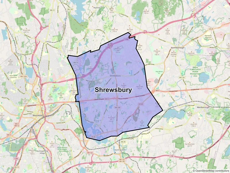 Map of Shrewsbury, Massachusetts and ZIP codes