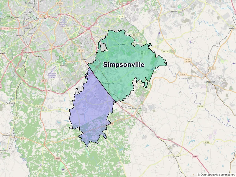 Map of Simpsonville, South Carolina and ZIP codes