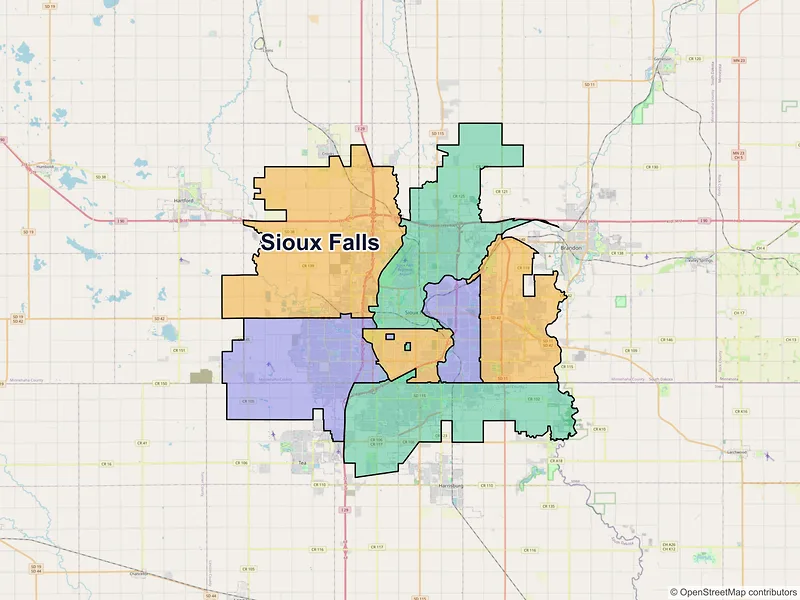 Map of Sioux Falls, South Dakota and ZIP codes