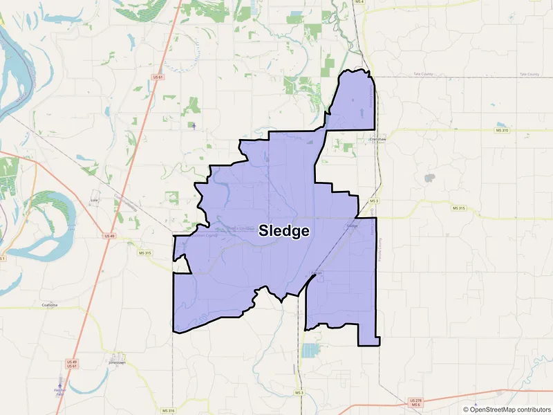 Map of Sledge, Mississippi and ZIP codes