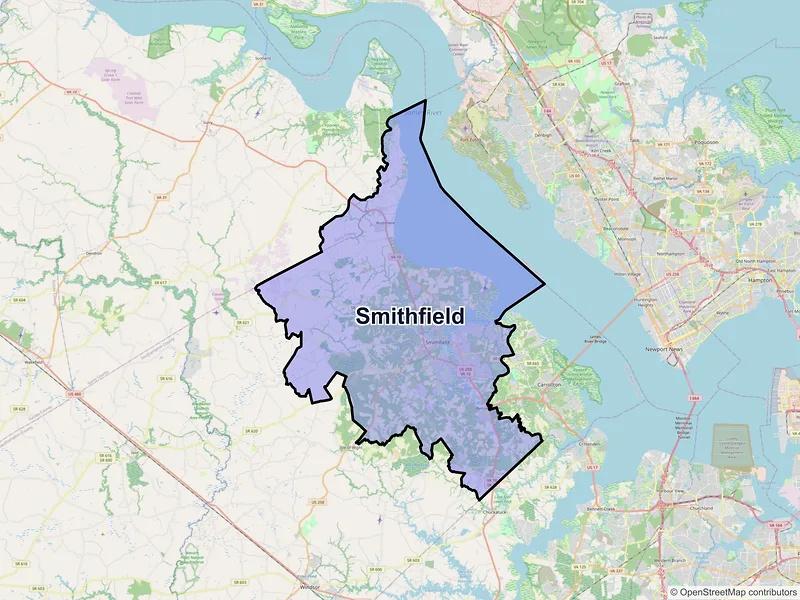 Map of Smithfield, Virginia and ZIP codes