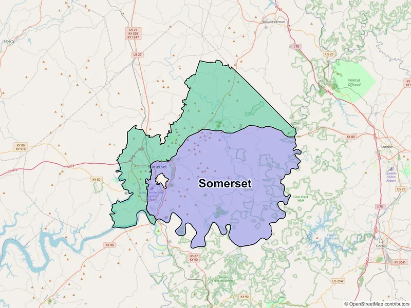 Map of Somerset, Kentucky and ZIP codes