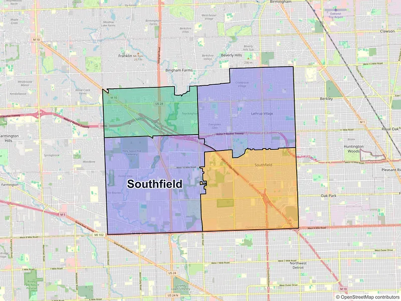 Map of Southfield, Michigan and ZIP codes