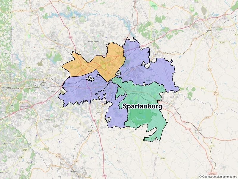 Map of Spartanburg, South Carolina and ZIP codes