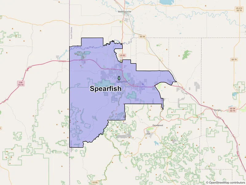 Map of Spearfish, South Dakota and ZIP codes