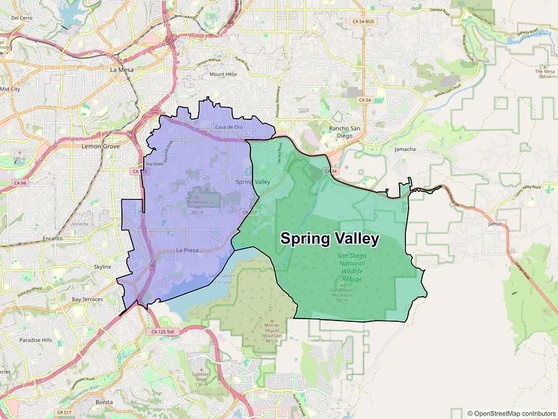 Map of Spring Valley, California and ZIP codes