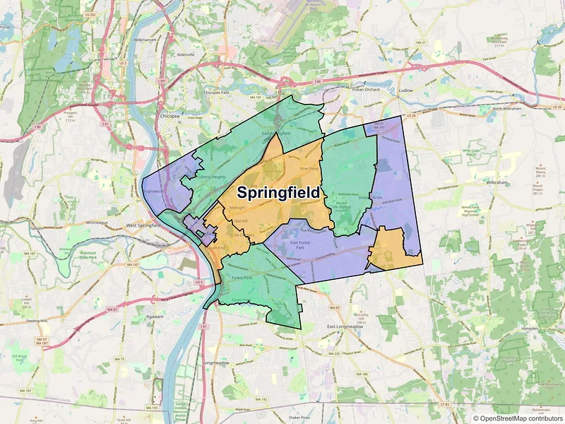 Map of Springfield, Massachusetts and ZIP codes