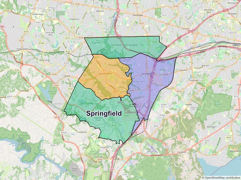 Map of Springfield, Virginia and ZIP codes