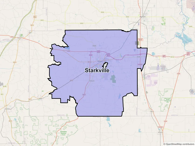 Map of Starkville, Mississippi and ZIP codes