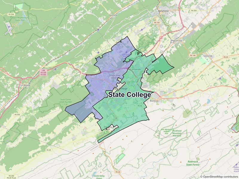 Map of State College, Pennsylvania and ZIP codes