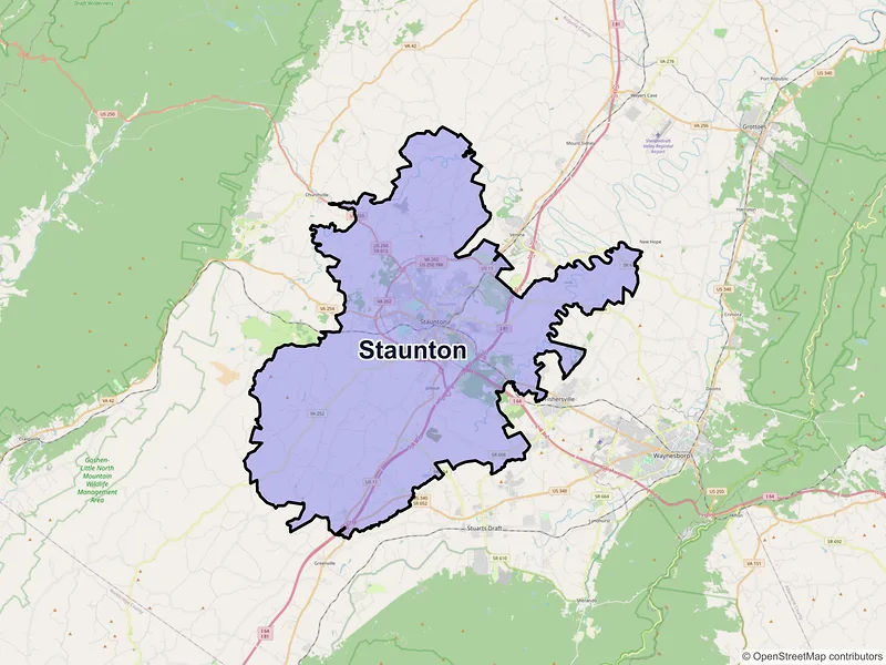 Map of Staunton, Virginia and ZIP codes