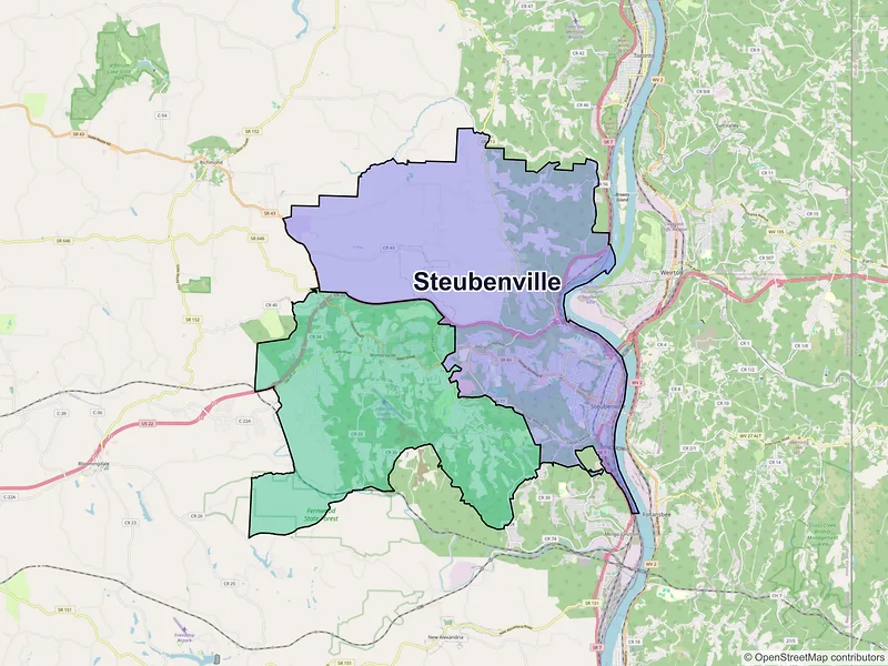 Map of Steubenville, Ohio and ZIP codes