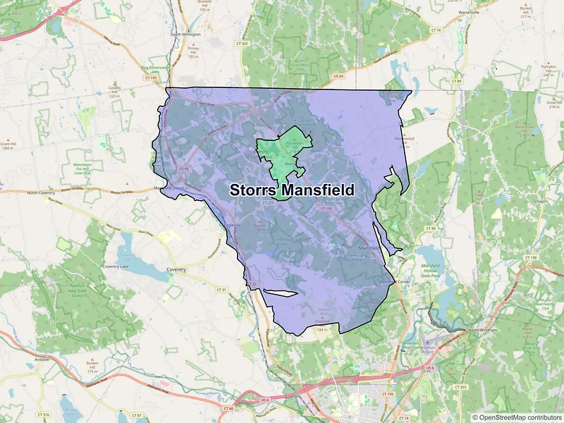 Map of Storrs Mansfield, Connecticut and ZIP codes
