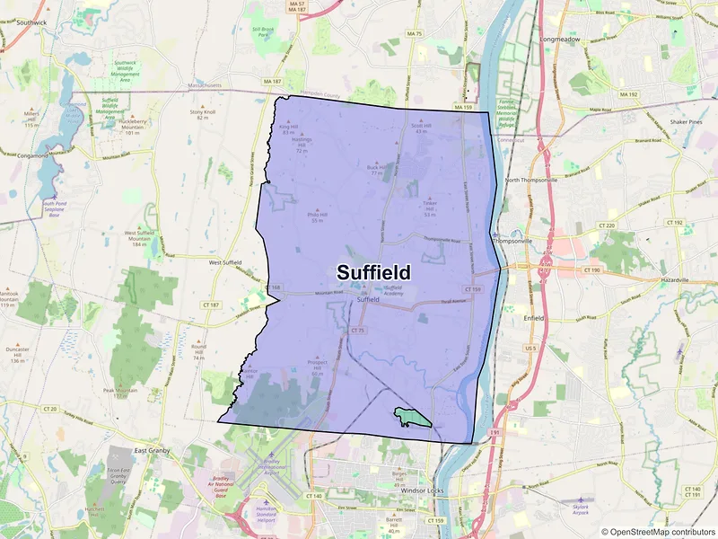 Map of Suffield, Connecticut and ZIP codes