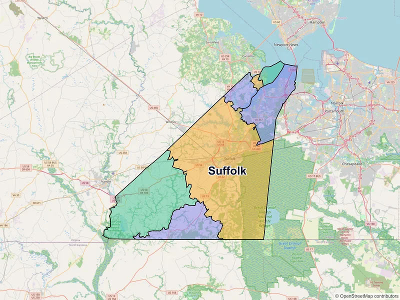 Map of Suffolk, Virginia and ZIP codes