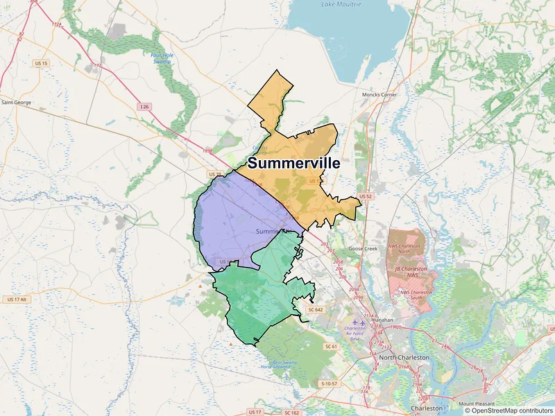 Map of Summerville, South Carolina and ZIP codes
