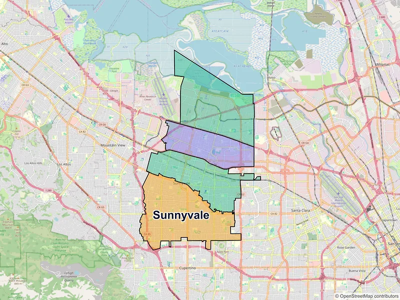 Map of Sunnyvale, California and ZIP codes