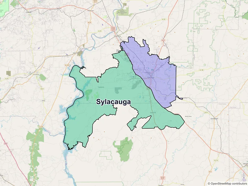 Map of Sylacauga, Alabama and ZIP codes