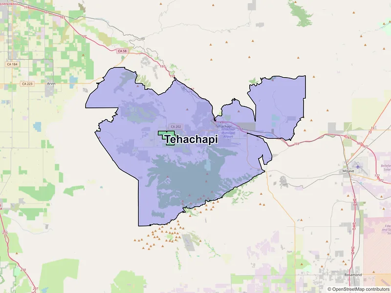Map of Tehachapi, California and ZIP codes