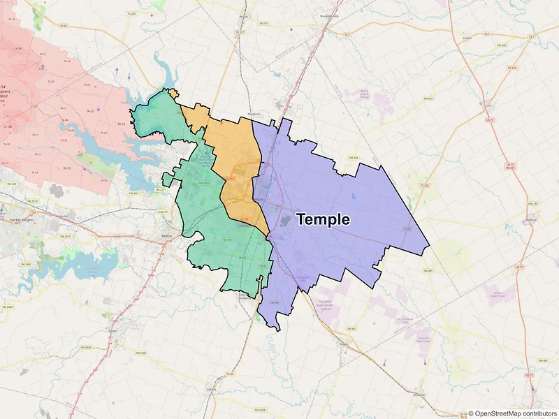 Map of Temple, Texas and ZIP codes
