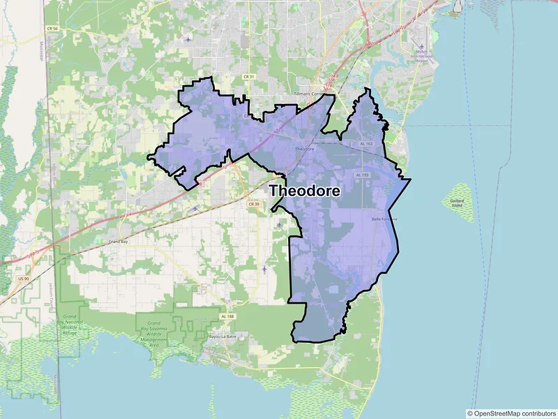 Map of Theodore, Alabama and ZIP codes