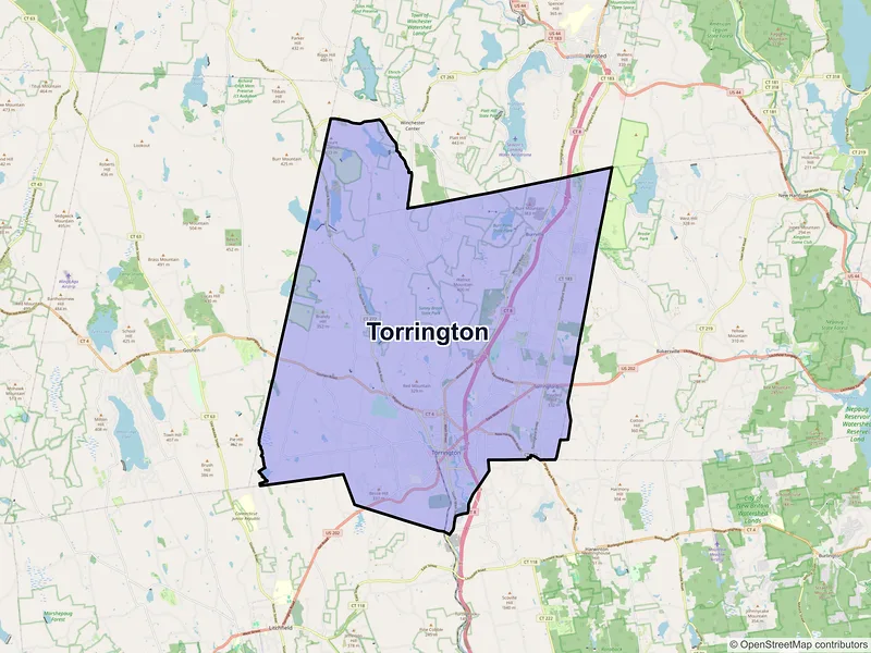 Map of Torrington, Connecticut and ZIP codes