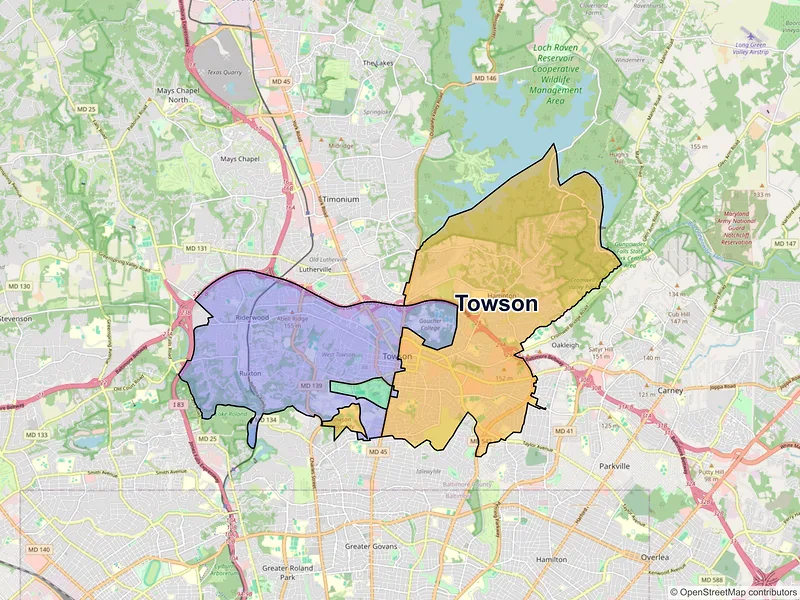 Map of Towson, Maryland and ZIP codes