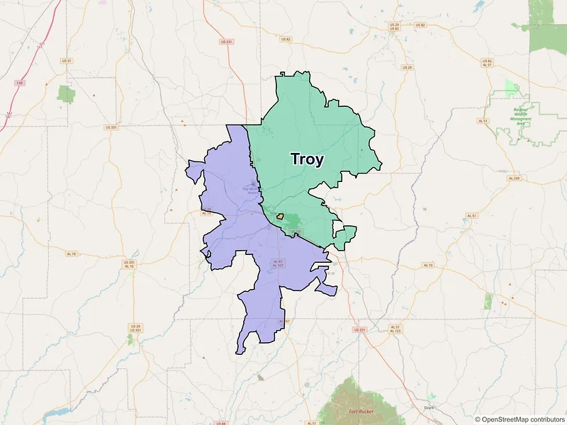 Map of Troy, Alabama and ZIP codes