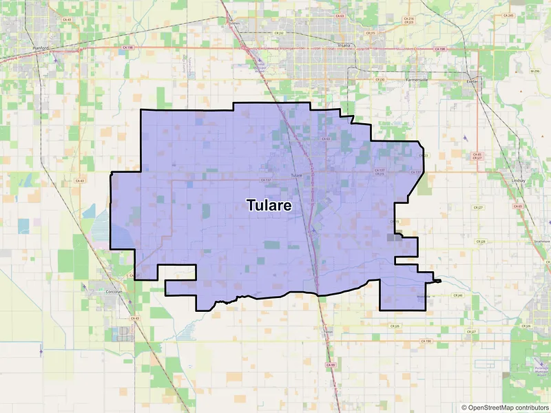 Map of Tulare, California and ZIP codes