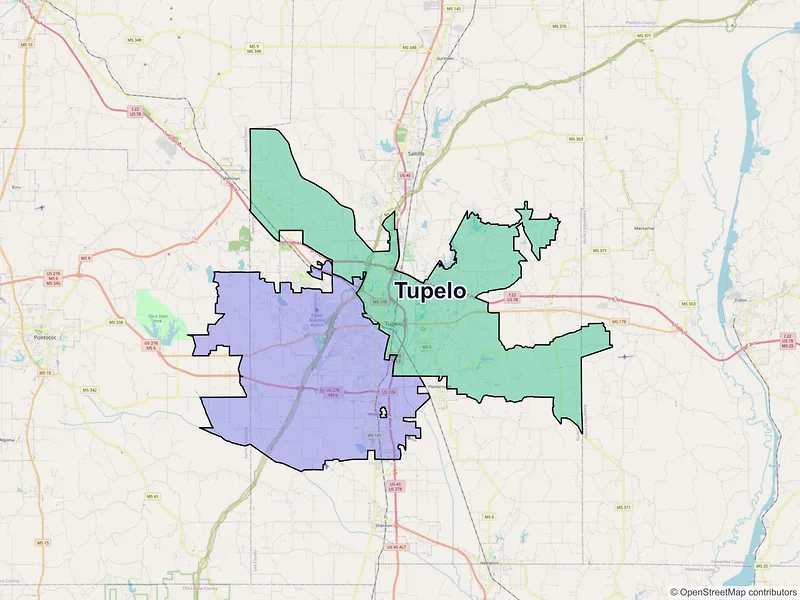 Map of Tupelo, Mississippi and ZIP codes