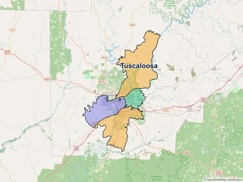 Map of Tuscaloosa, Alabama and ZIP codes