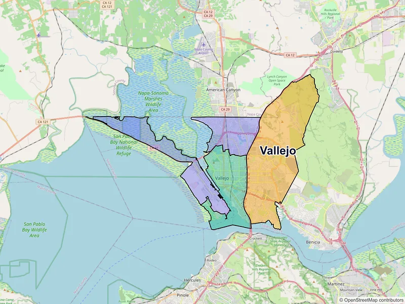 Map of Vallejo, California and ZIP codes