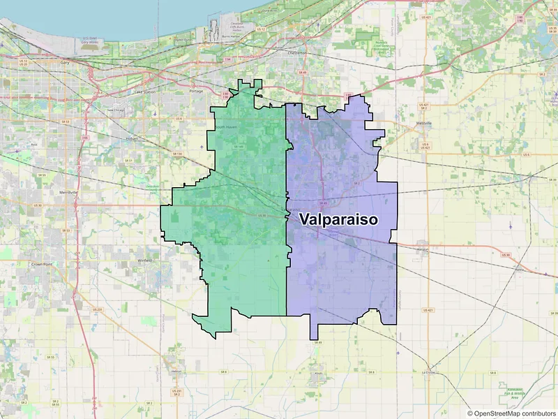 Map of Valparaiso, Indiana and ZIP codes
