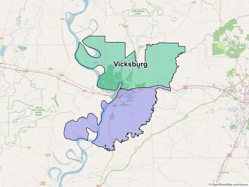 Map of Vicksburg, Mississippi and ZIP codes