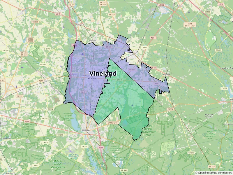 Map of Vineland, New Jersey and ZIP codes