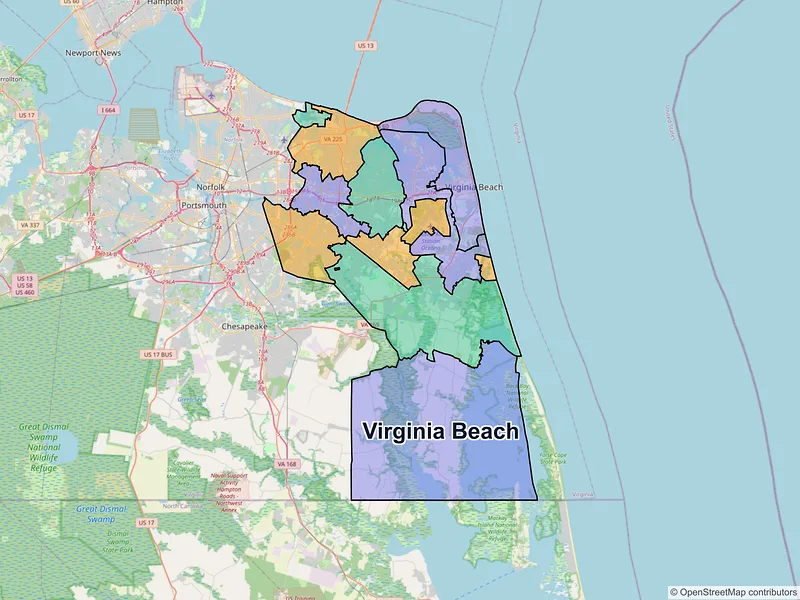 Map of Virginia Beach, Virginia and ZIP codes