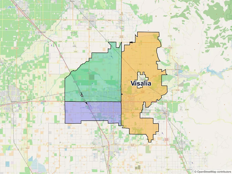 Map of Visalia, California and ZIP codes